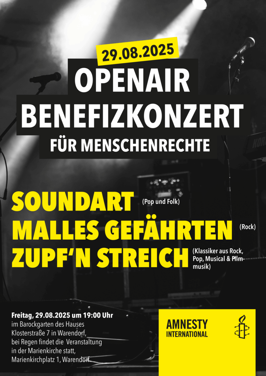 29.08.2025 OpenAir Benefizkonzert für Menschenrechte Bands: Soundart (Pop und Folk) Malles Gefährten (Rock) Zupf'n Streich (Klassiker aus Rock, Pop, Musical & Film) Freitag, 29.08.2025 um 19:00 Uhr im Barockgarten des Hauses, Klosterstraße 7 in Warendorf. Bei Regen findet das Konzert in der Marienkirche statt